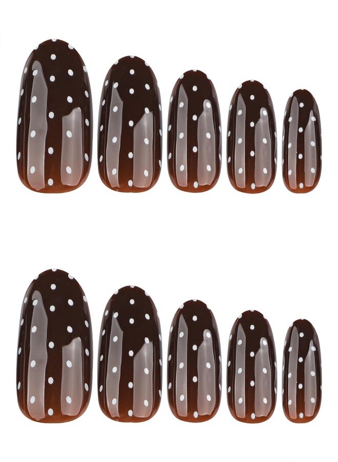 OSTTMA 24Pcs Brown Press on Nails Polka Dot Fake Nails Short Oval False Nails Press ons with White Dots Design Full Cover Stick on Nail for Women, Reusable Glue on Nails for Daily Wear Party - Image 3